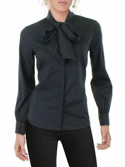 Gracia Womens Tie Neck Poplin Blouse