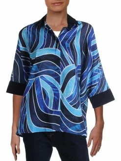 Gracia Womens Sheer Oversized Button-Down Top
