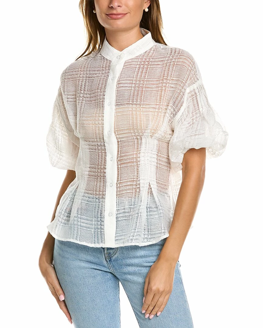 Gracia Sheer Banded Collar Puffed Sleeve Top for women