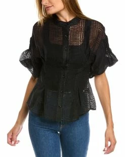 Gracia Sheer Banded Collar Puffed Sleeve Top for women