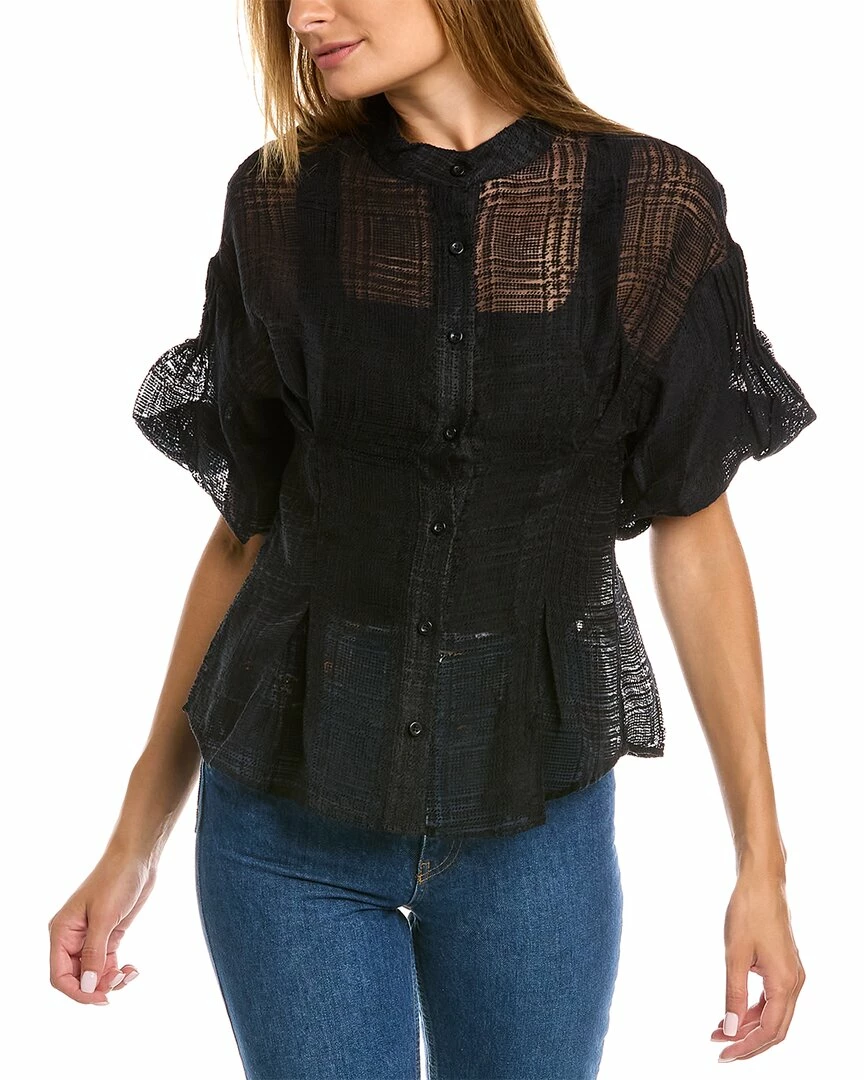 Gracia Sheer Banded Collar Puffed Sleeve Top for women
