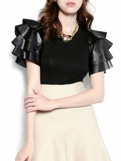 Gracia Womens Tiered Pleather Top